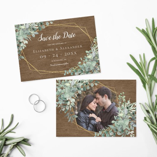 Rustic Wood Eucalyptus Greenery Geometric Photo Save The Date