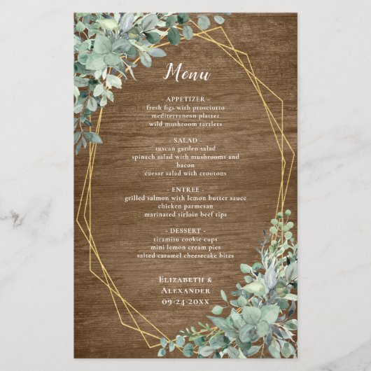 Rustic Wood Eucalyptus Greenery Gold Wedding Menu (Voorkant)