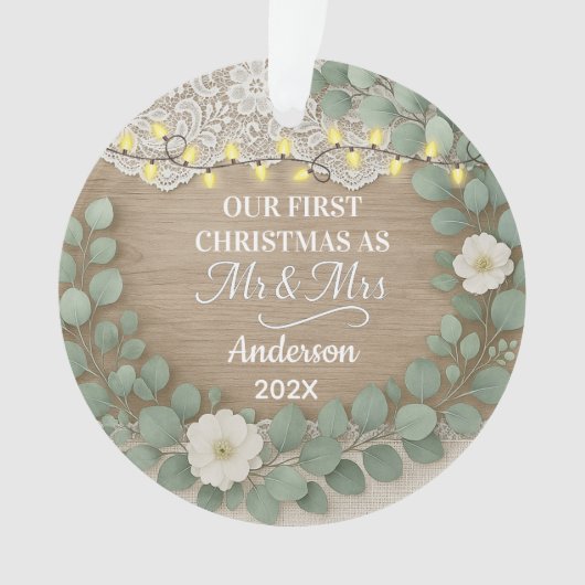 Rustic Wood & Eucalyptus Mr & Mrs Christmas Ornament (voorkant)