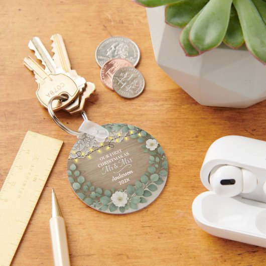 Rustic Wood & Eucalyptus Mr & Mrs Christmas Sleutelhanger (Bureau)