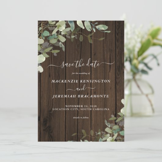 Rustic Wood Eucalyptus Weddenschap Foto opslaan Da Save The Date (Staand voorkant)