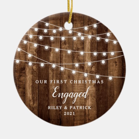 Rustic Wood Fairy Lights Eerste Kerstmis Keramisch Ornament (Voorkant)