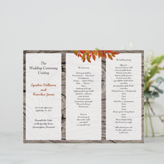 Rustic Wood Fall Wedding Tri-Fold Programme (Staand voorkant)