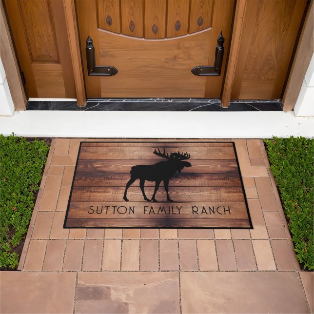 Rustic Wood Familienaam Moose Silhouette Deurmat (Buiten)