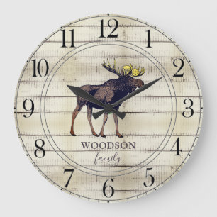 Rustic Wood Family Name Walking Moose Large Clock Grote Klok