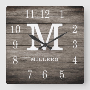 Rustic Wood Farmhouse Familie Naam Aangepast monog Vierkante Klok
