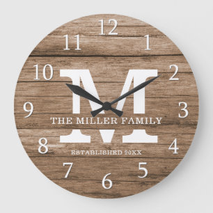 Rustic Wood Farmhouse Familienaam Monogram Grote Klok