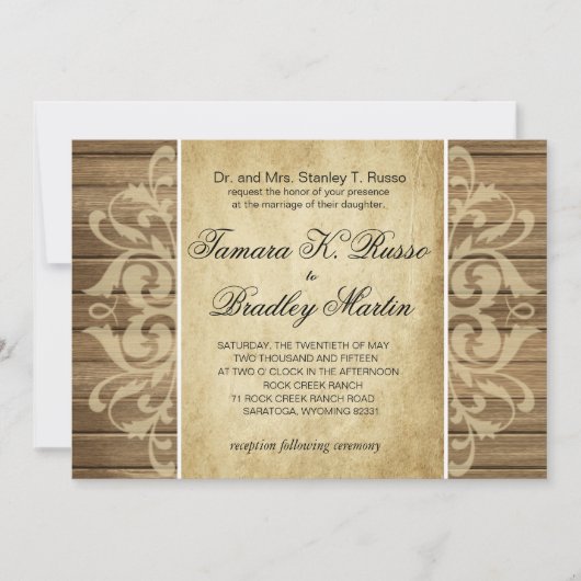 Rustic Wood Filigree Wedding | bruin Kaart (Voorkant)