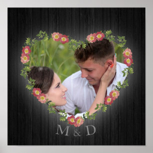 Rustic Wood Floral Heart Foto's en Initialen Poster