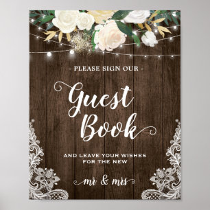 Rustic Wood Floral Lace Guestbook Wedding Sign Poster