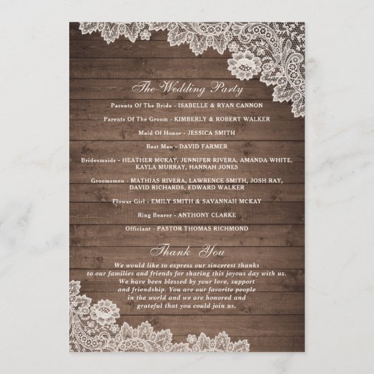 Rustic Wood Floral Lace Programme de mariage (Dos)