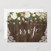 Rustic Wood Floral Lace String Lights Wedding RSVP Uitnodiging Briefkaart (Voorkant / Achterkant)