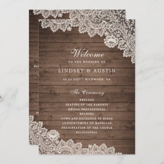 Rustic Wood Floral Lace Wedding Programme Programma (Voorkant / Achterkant)