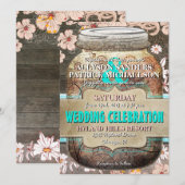 Rustic Wood & Floral Mason Jar Wedding Invitation Kaart (Voorkant / Achterkant)