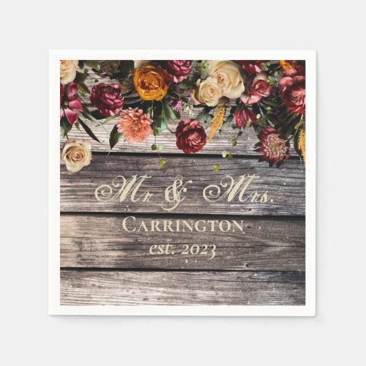 Rustic Wood Floral Mr & Mrs Wedding Servet (Voorkant)