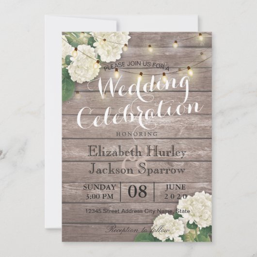 Rustic Wood Floral String Light Wedding Invitation Kaart (Voorkant)