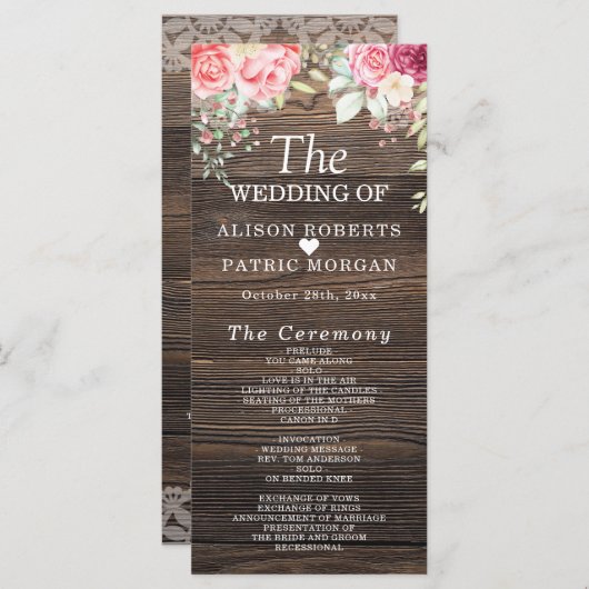 Rustic Wood Floral String light Wedding Programme Programma (Voorkant / Achterkant)