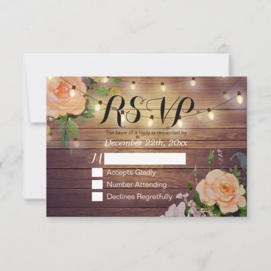 Rustic Wood Floral String Light Wedding RSVP Antwo Kaartje (Voorkant)