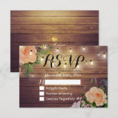 Rustic Wood Floral String Light Wedding RSVP Antwo Kaartje (Voorkant / Achterkant)