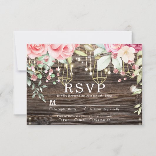 Rustic Wood Floral String light Wedding rsvp Kaartje (Voorkant)