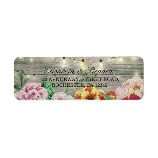 Rustic Wood Floral String Lights Wedding Address Etiket (Voorkant)