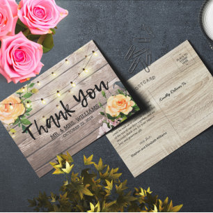 Rustic Wood Floral String Lights Wedding Dank u Briefkaart