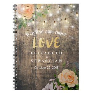 Rustic Wood Floral String Lights Wedding Guestbook Notitieboek