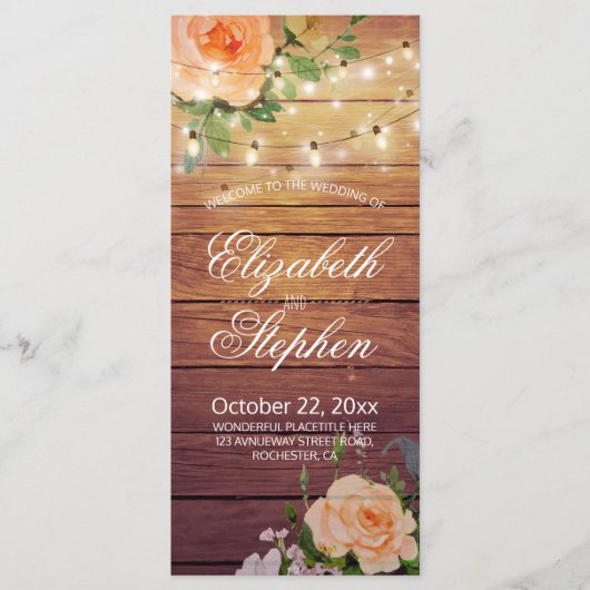 Rustic Wood Floral String Lights Wedding Programme Programma (Voorkant)