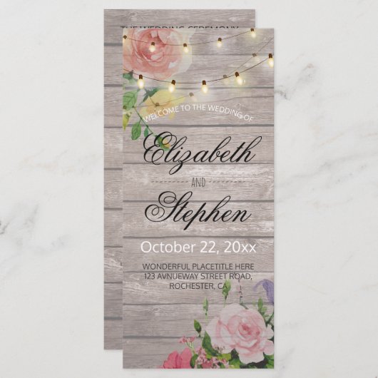 Rustic Wood Floral String Lights Wedding Programme Programma (Voorkant / Achterkant)