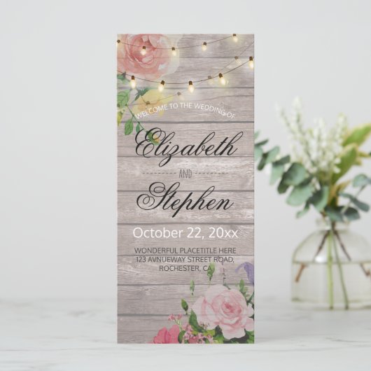 Rustic Wood Floral String Lights Wedding Programme Programma (Staand voorkant)