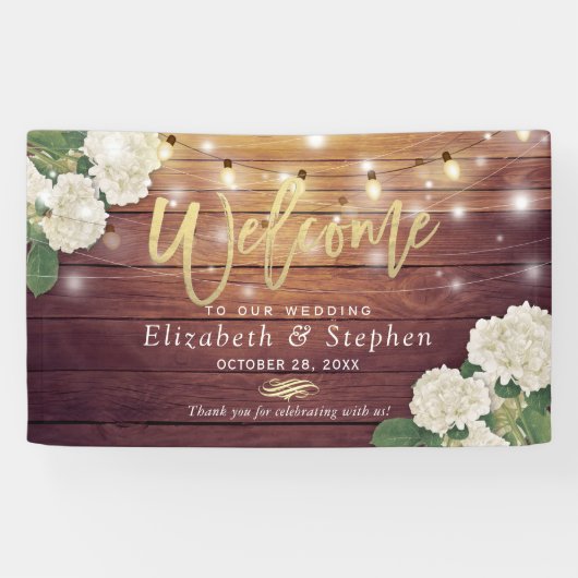 Rustic Wood Floral String Lights Wedding Welcome Spandoek (Horizontaal)