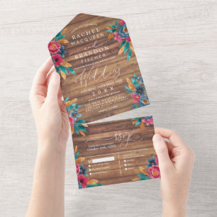 Rustic Wood Floral Waterverf Wedding All In One Uitnodiging