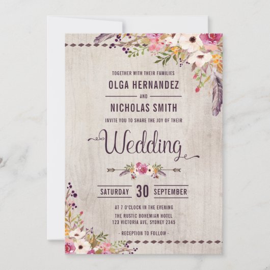 Rustic Wood Floral Wedding Invitation Boho Party Kaart (Voorkant)