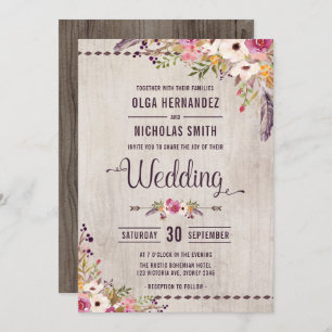 Rustic Wood Floral Wedding Invitation Boho Party Kaart