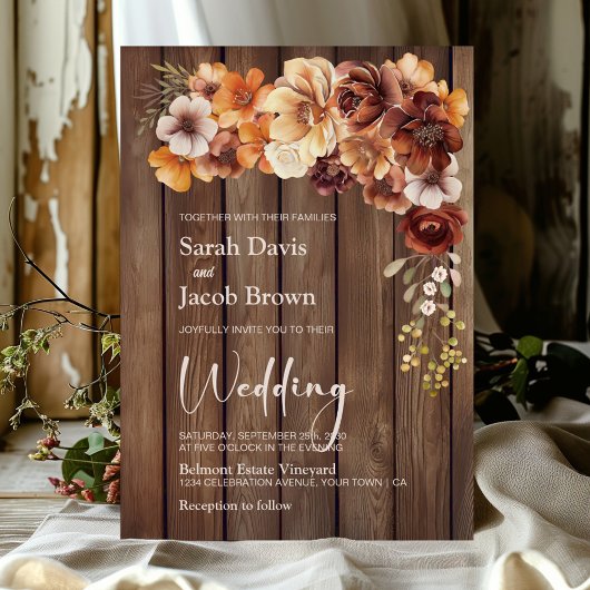 Rustic Wood Floral Wedding Kaart