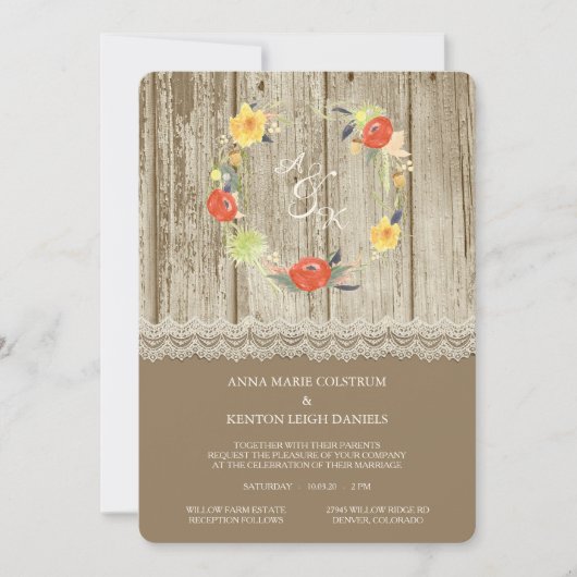 Rustic Wood Floral Wreath Wedding Invitation (Devant)