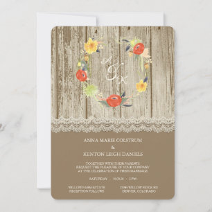 Rustic Wood Floral Wreath Wedding Invitation Kaart