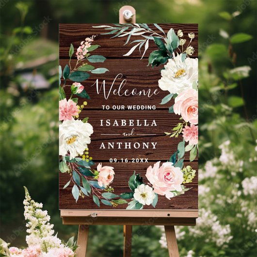 Rustic Wood Floral Wreath Wedding Welcome Sign Poster