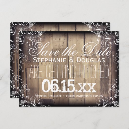 Rustic Wood Flourish Save the Date Briefkaarten (Voorkant / Achterkant)