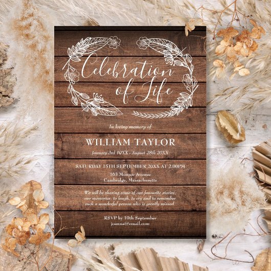 Rustic Wood Foliage Celebration of Life Funeral Kaart