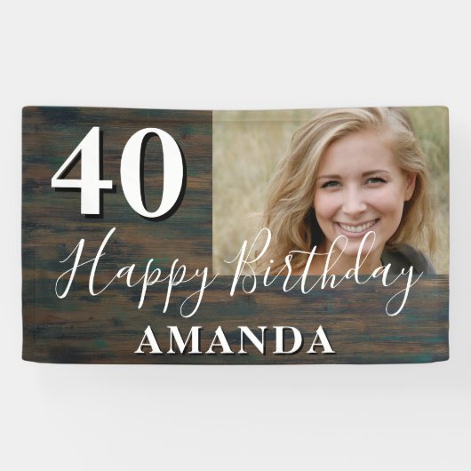 Rustic Wood Foto 40th Birthday Party Banner (Horizontaal)