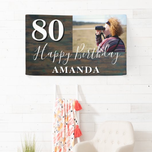Rustic Wood Foto 80th Birthday Party Banner (Insitu)