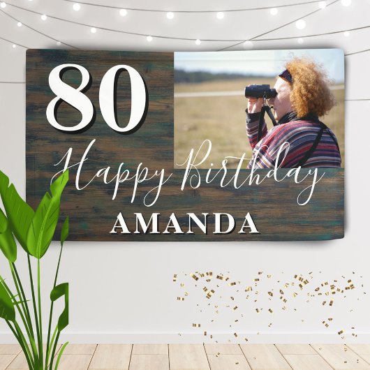 Rustic Wood Foto 80th Birthday Party Banner