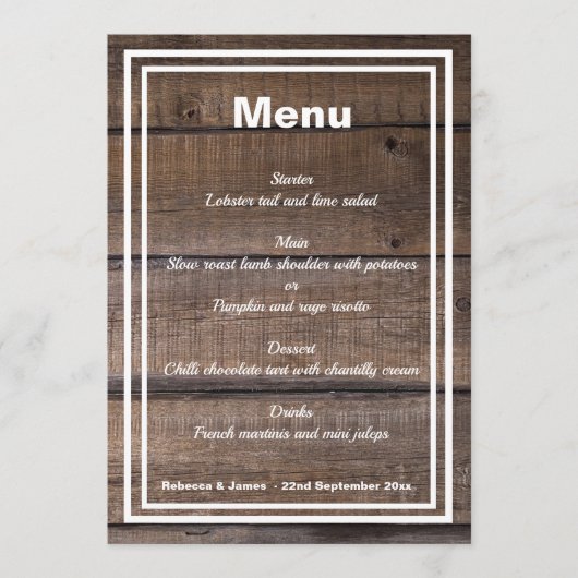 Rustic Wood Gepersonaliseerd Weddenschap Menu (Voorkant)
