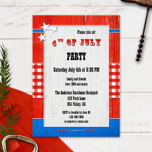 Rustic Wood Gingham 4 juli partijuitnodiging Kaart