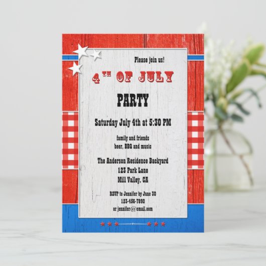 Rustic Wood Gingham 4 juli partijuitnodiging Kaart (Staand voorkant)