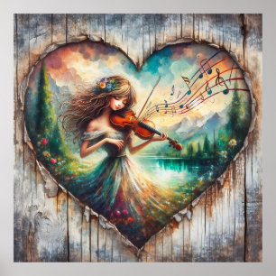 Rustic Wood Girl speelt vioolmuziek Poster