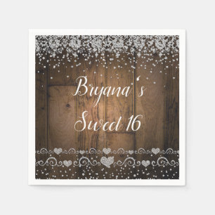 Rustic Wood Glam Diamonds Glitter Birthday Party Servet