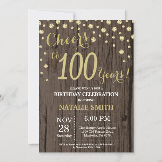 Rustic Wood Gold 100th Birthday Diamond Kaart (Voorkant)