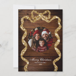 Rustic Wood Gold Familie Foto Vrolijk Kerstfeest Kaart